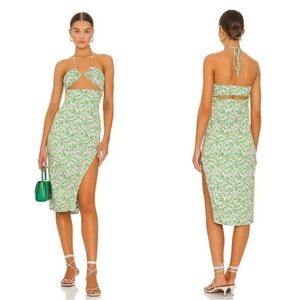 NWT RESA Green Floral Halter Midi Dress with Pink Accents
